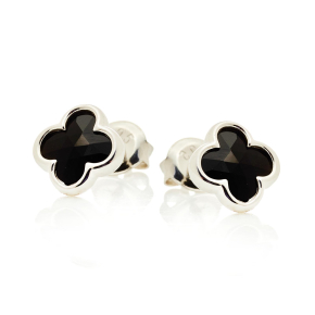 Pendientes tipo trébol con ónix negro natural, en plata 925 bañada en rodio