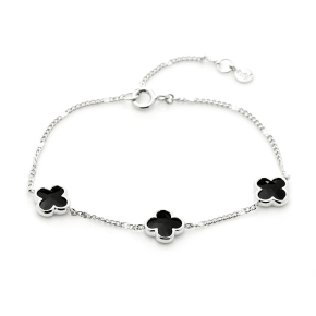 Pulsera de trébol con ónix negro natural, en plata 925 bañada en rodio, longitud 15.5+3