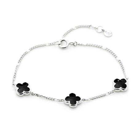 Clover bracelet with natural black onyx, in rhodium-plated 925 silver, length 15.5+3