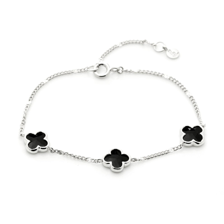 Pulsera de trébol con ónix negro natural, en plata 925 bañada en rodio, longitud 15.5+3