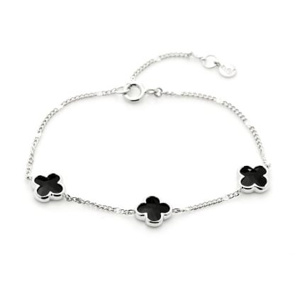 Clover bracelet with natural black onyx, in rhodium-plated 925 silver, length 15.5+3