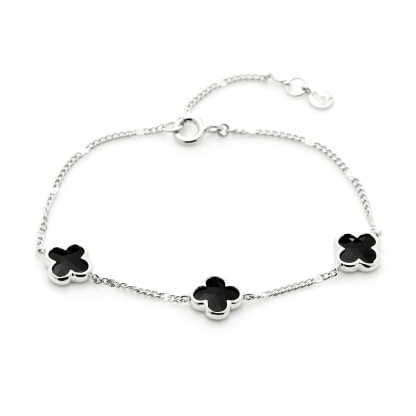 Pulseira trevo com ônix preto natural, em prata 925 banhada a ródio, comprimento 15,5+3