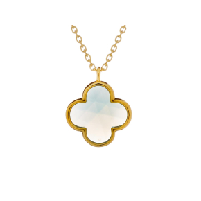 Collana di trifoglio con calcedonia blu tinta, in argento dorato 925, lunghezza 42+3