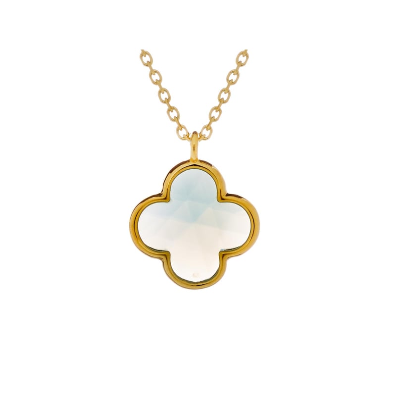 Colar de trevo com calcedônia azulada, em prata dourado 925, comprimento 42+3