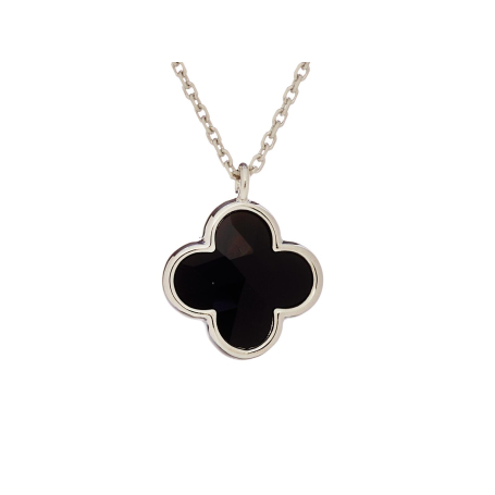 Collana di trifoglio con onice nero naturale, in argento placcato in rodio 925, lunghezza 42+3
