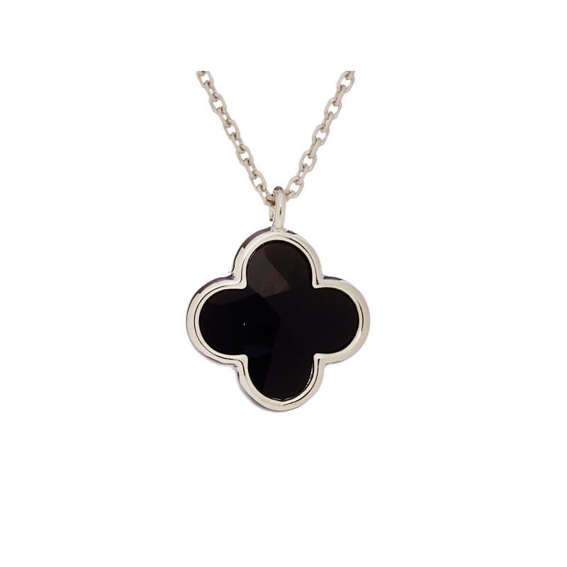 Clover necklace with natural black onyx, in 925 rhodium-plated silver, length 42+3