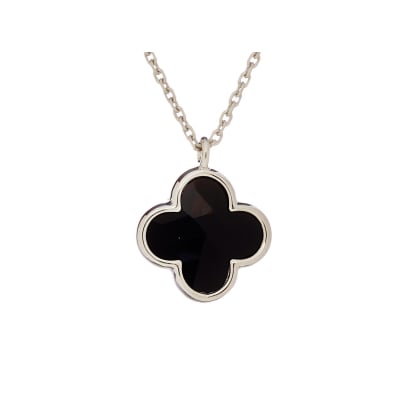 Clover necklace with natural black onyx, in 925 rhodium-plated silver, length 42+3