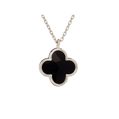 Collar de trébol con ónix negro natural, en plata bañada en rodio 925, longitud 42+3