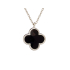 Collar de trébol con ónix negro natural, en plata bañada en rodio 925, longitud 42+3