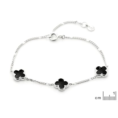 Clover bracelet with natural black onyx, in rhodium-plated 925 silver, length 15.5+3