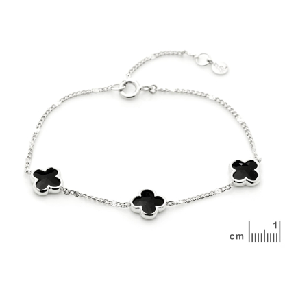 Pulsera de trébol con ónix negro natural, en plata 925 bañada en rodio, longitud 15.5+3
