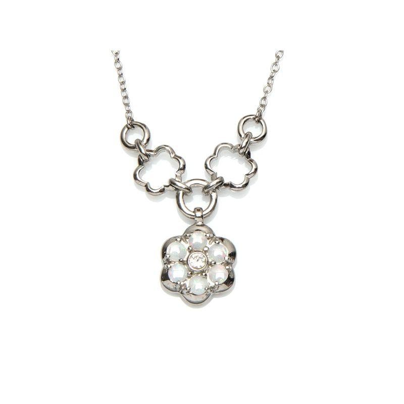 Collier fleur avec opale blanche ronde d'Australie, argent rhodié 925, 41+4 cm