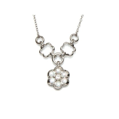 Collier fleur avec opale blanche ronde d'Australie, argent rhodié 925, 41+4 cm