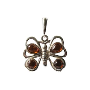 Pendentif papillon avec ambre cognac goutte, argent 925, 2x1,8+1 cm