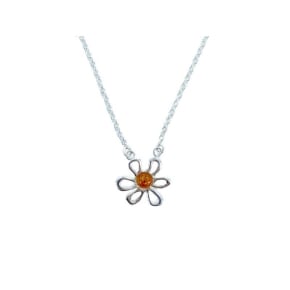 Collier fleur avec ambre cognac rond de la mer Baltique, argent 925, 41+4 cm