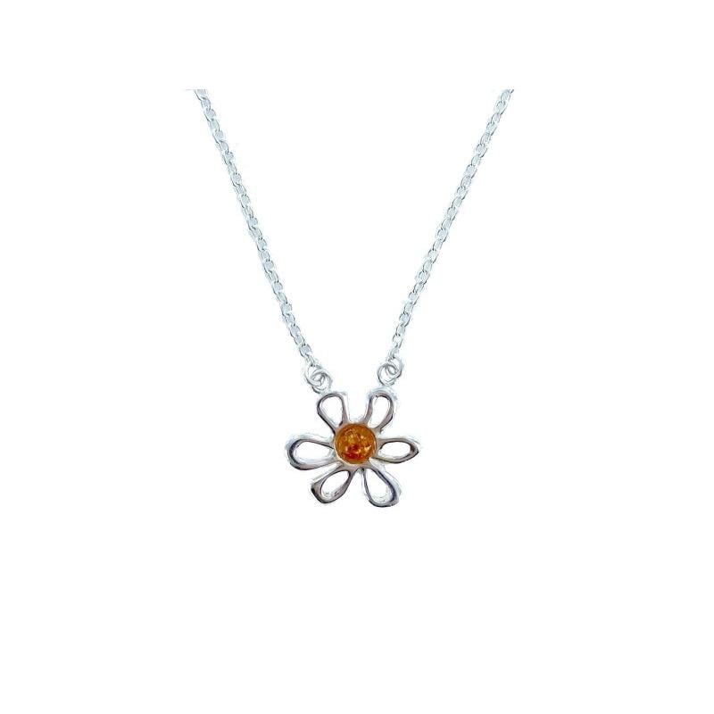 Collana fiore in ambra baltica cognac tonda naturale, in argento 925, 41+4 cm