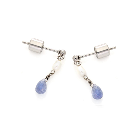 Natural drop blue tanzanite dangle earrings with pearl, stainless steel, 5x3 mm
