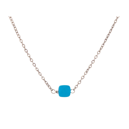 Colar de turquesa azul quadrada reconstituída, aço inoxidável, 42-2,5-2,5 cm