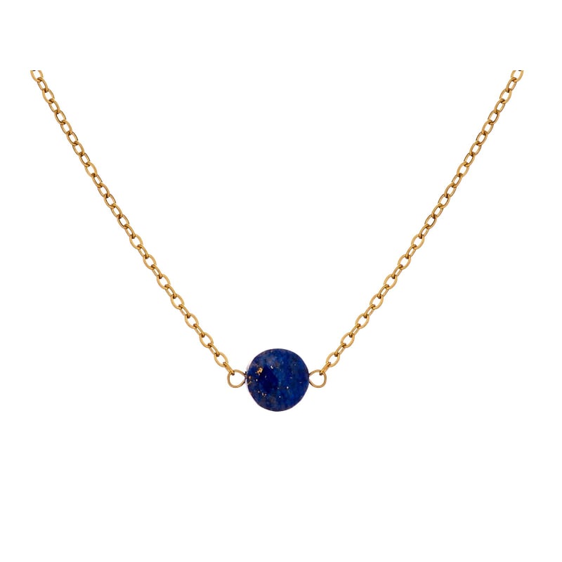 Collier avec lapis lazuli bleu rond, acier inoxydable doré PVD, 42-3-3 cm