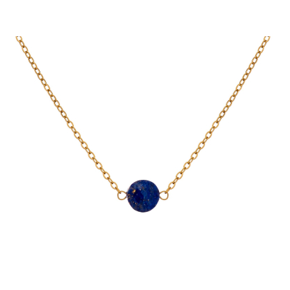 Collar de lapislázuli azul redondo, acero inoxidable dorado PVD, 42-3-3 cm