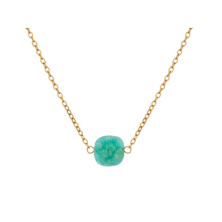 Amazonietketting blauw vierkant, PVD verguld roestvrij staal, 42-3-3 cm