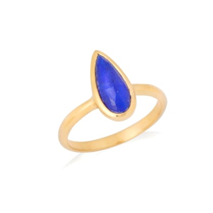 Natural drop blue Afghan lapis lazuli ring, gold-plated 925 silver, 5x12 mm