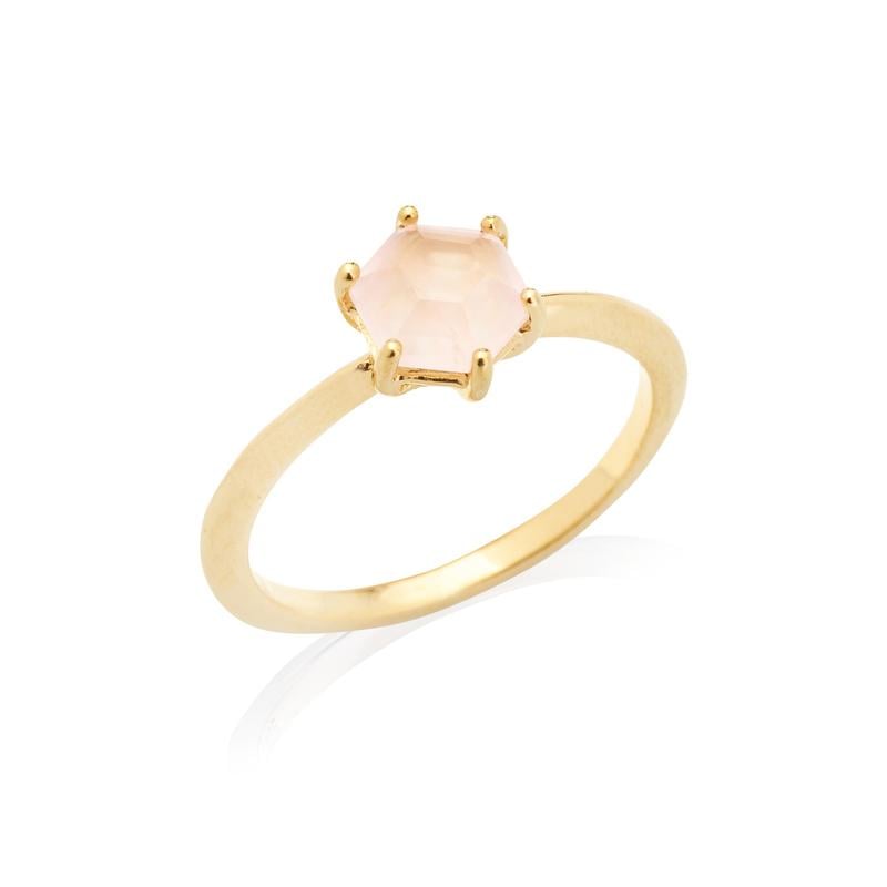 Natural hexagon rose quartz ring, gold-plated 925 silver, 6 mm