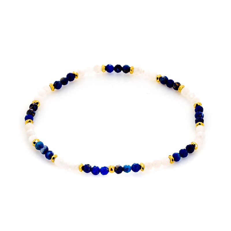 Pulsera de lapislázuli multicolor irregular, acero inoxidable dorado PVD, 18 cm