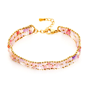 Pulseira de turmalina multicolor, aço inoxidável dourado PVD, 15,5+3,5 cm