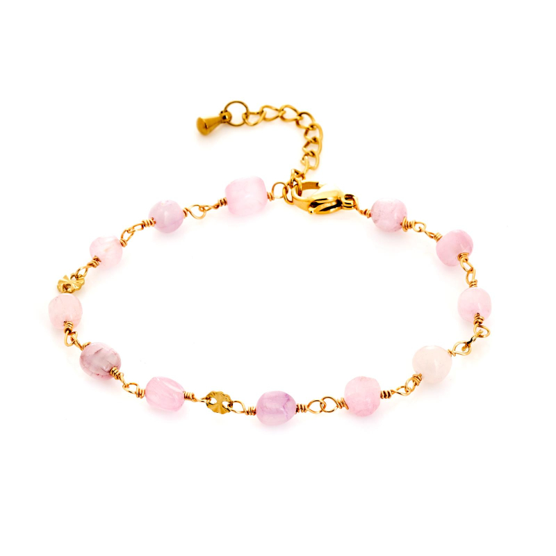 Pulsera de lepidolita violeta, acero inoxidable dorado PVD, 15,5+3,5 cm