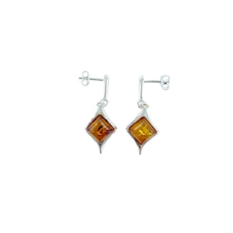 Boucles d'oreilles pendantes avec ambre cognac carré, argent 925, 8x8 mm