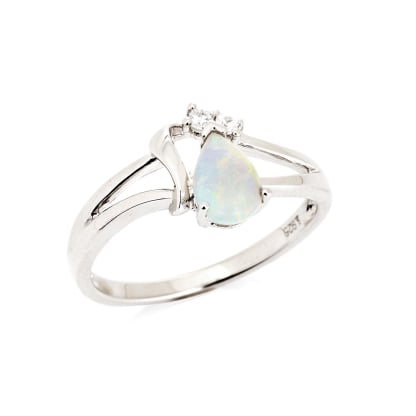 Inel opal australian alb picătură natural, argint rodiat 925, 7x5 mm