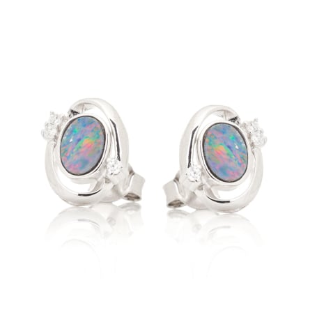 Cercei opal dublet australian albastru oval, argint rodiat 925, 7x5 mm