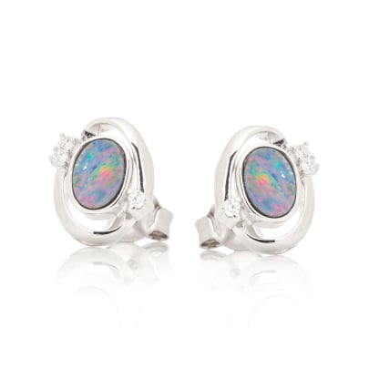 Cercei opal dublet australian albastru oval, argint rodiat 925, 7x5 mm