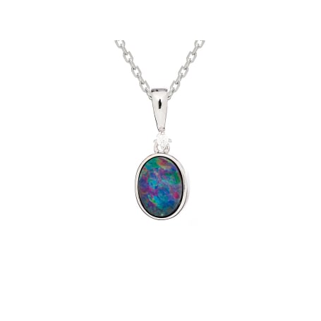 블루 타원 호주산 더블렛 오팔 큐빅 지르코니아 펜던트, 925 로듐 도금 실버, 8x6 mm