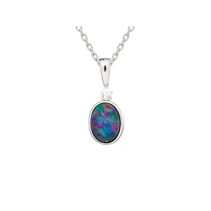 Ciondolo in opale doppietta australiano blu ovale, argento rodiato 925, 8x6 mm