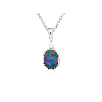 Australische doubletopaalhanger blauw ovaal, gerhodineerd 925 zilver, 8x6 mm