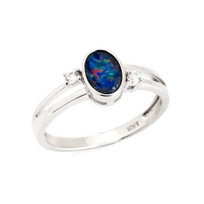 Inel opal dublet australian albastru oval, argint rodiat 925, 7x5 mm