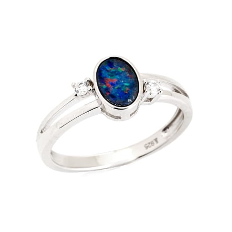 Inel opal dublet australian albastru oval, argint rodiat 925, 7x5 mm