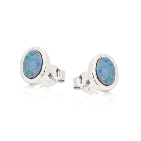 Cercei opal dublet australian albastru oval, argint rodiat 925, 7x5 mm