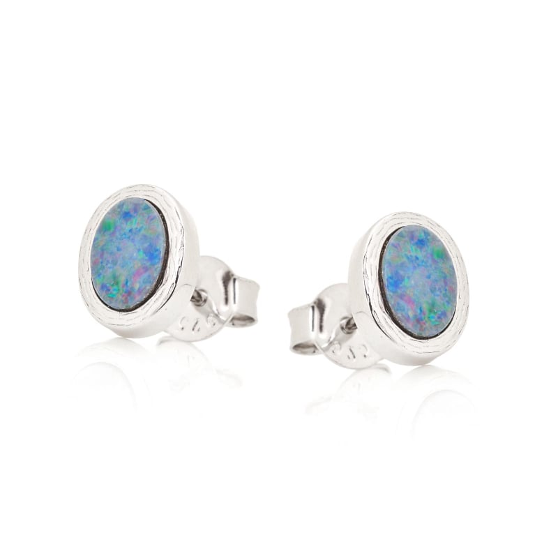 Cercei opal dublet australian albastru oval, argint rodiat 925, 7x5 mm