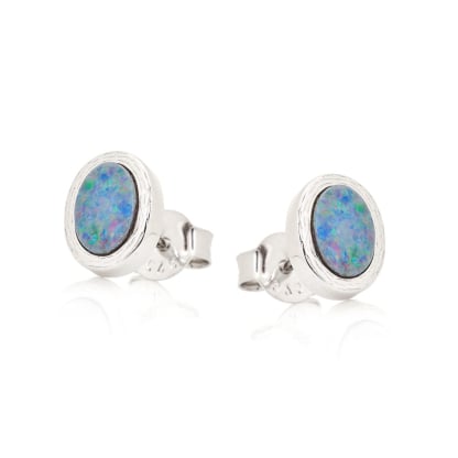 Oval blue doublet opal stud earrings, rhodium-plated 925 silver, 7x5 mm
