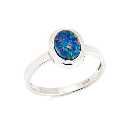 Inel opal dublet australian albastru oval, argint rodiat 925, 8x6 mm
