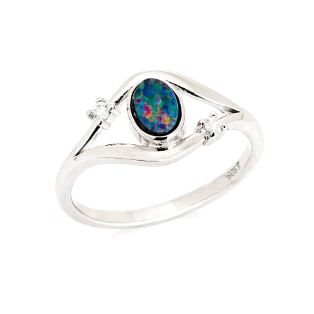 Oval mavi Avustralya dublet opal yüzük, rodyum kaplama 925 gümüş, 6x4 mm