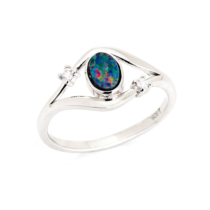 Inel opal dublet australian albastru oval, argint rodiat 925, 6x4 mm
