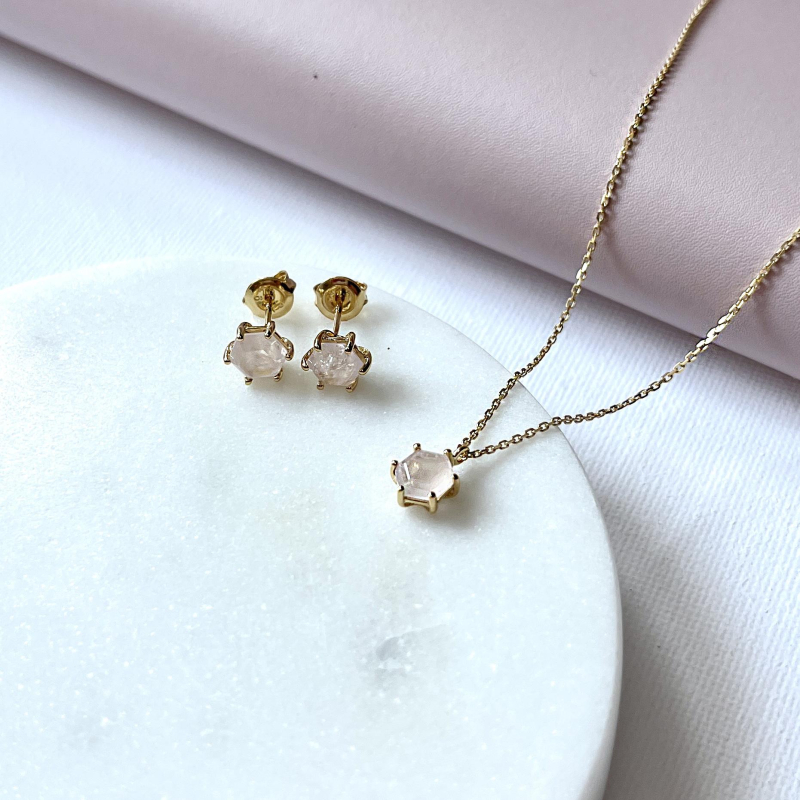 Anello in quarzo rosa esagono naturale, in argento dorato 925, 6 mm — foto 3