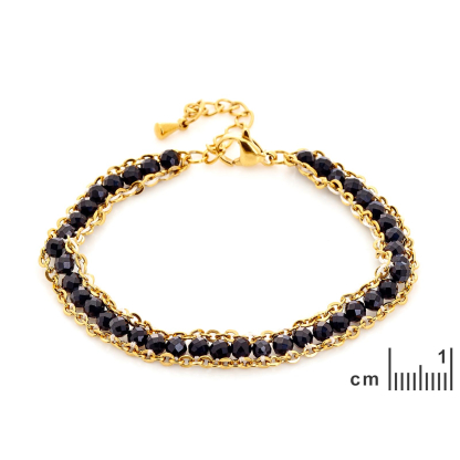 Onyxarmband schwarz unregelmäßig natur, Edelstahl PVD-vergoldet, 15,5+3,5 cm