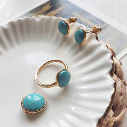 Natural reconstituted oval blue turquoise ring, gold-plated 925 silver