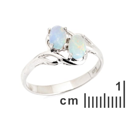 Natural oval white Australian opal ring, rhodium-plated 925 silver, 6x4 mm