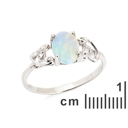 Natural oval white Australian opal ring, rhodium-plated 925 silver, 8x6 mm